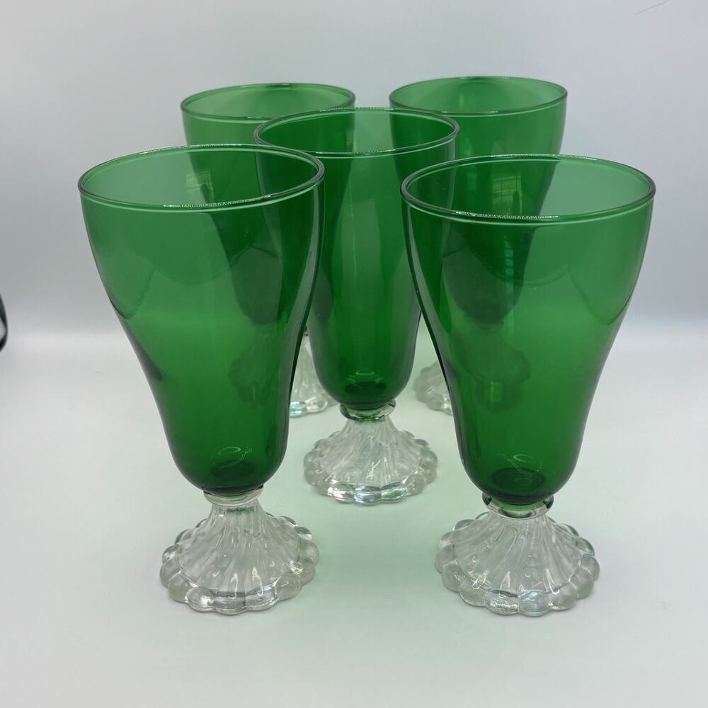 Set of 5 Vintage Anchor Hocking Emerald Green Burple Iced Tea Goblets Swirl Base